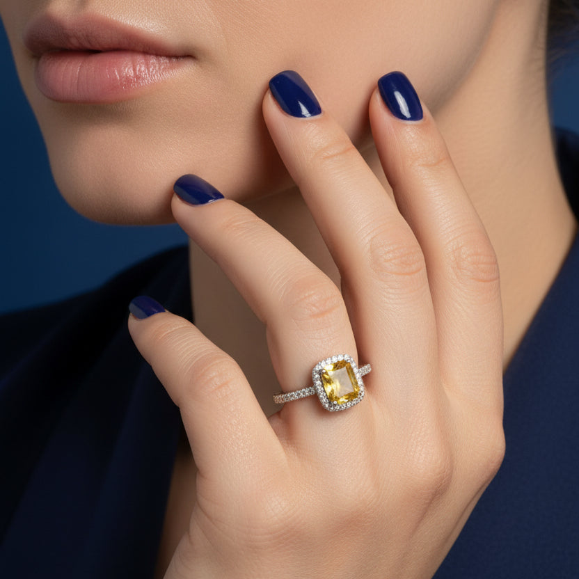 RING YELLOW CITRINE CRYSTAL CUSHION STUDDED CUBIC ZIRCONIAS