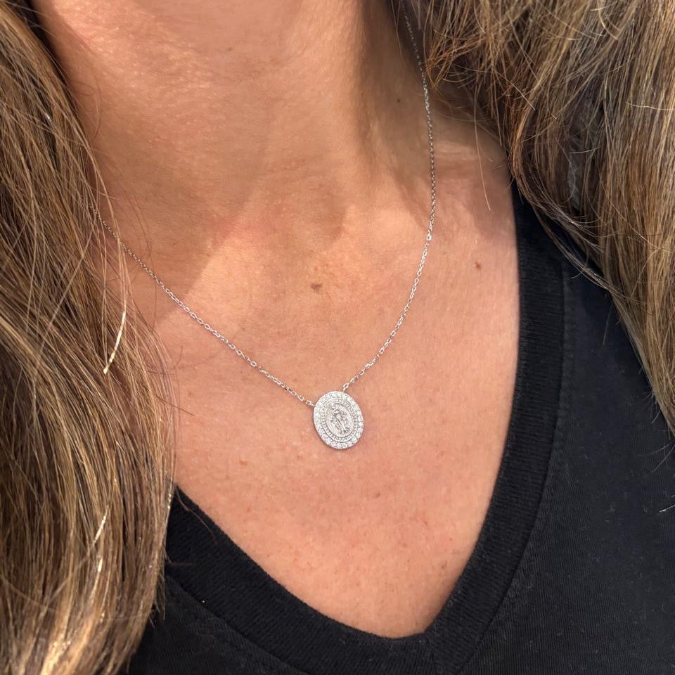 NECKLACE MOISSANITE HALO MIRACLE MEDAL OUR LADY OF GRACE SILVER925