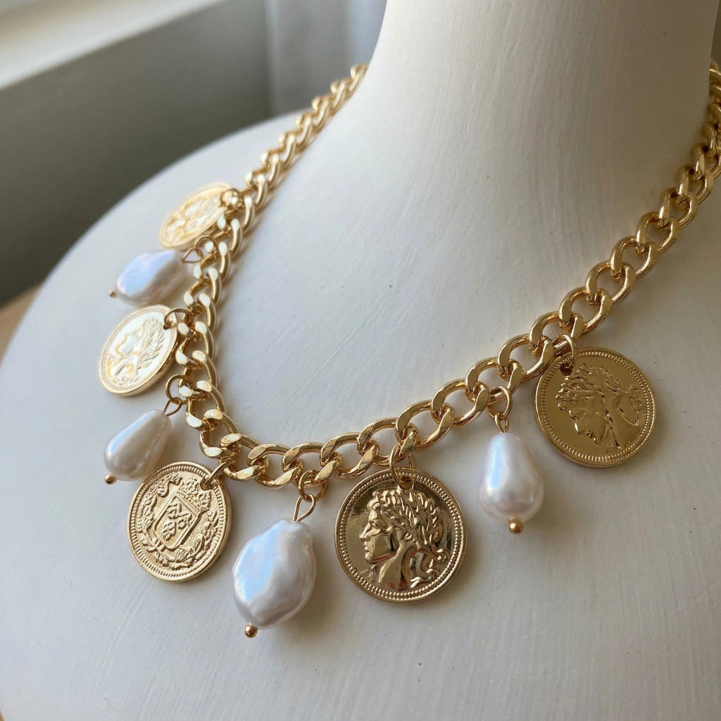 NECKLACE MEDALS AND PEARLS CHARMS