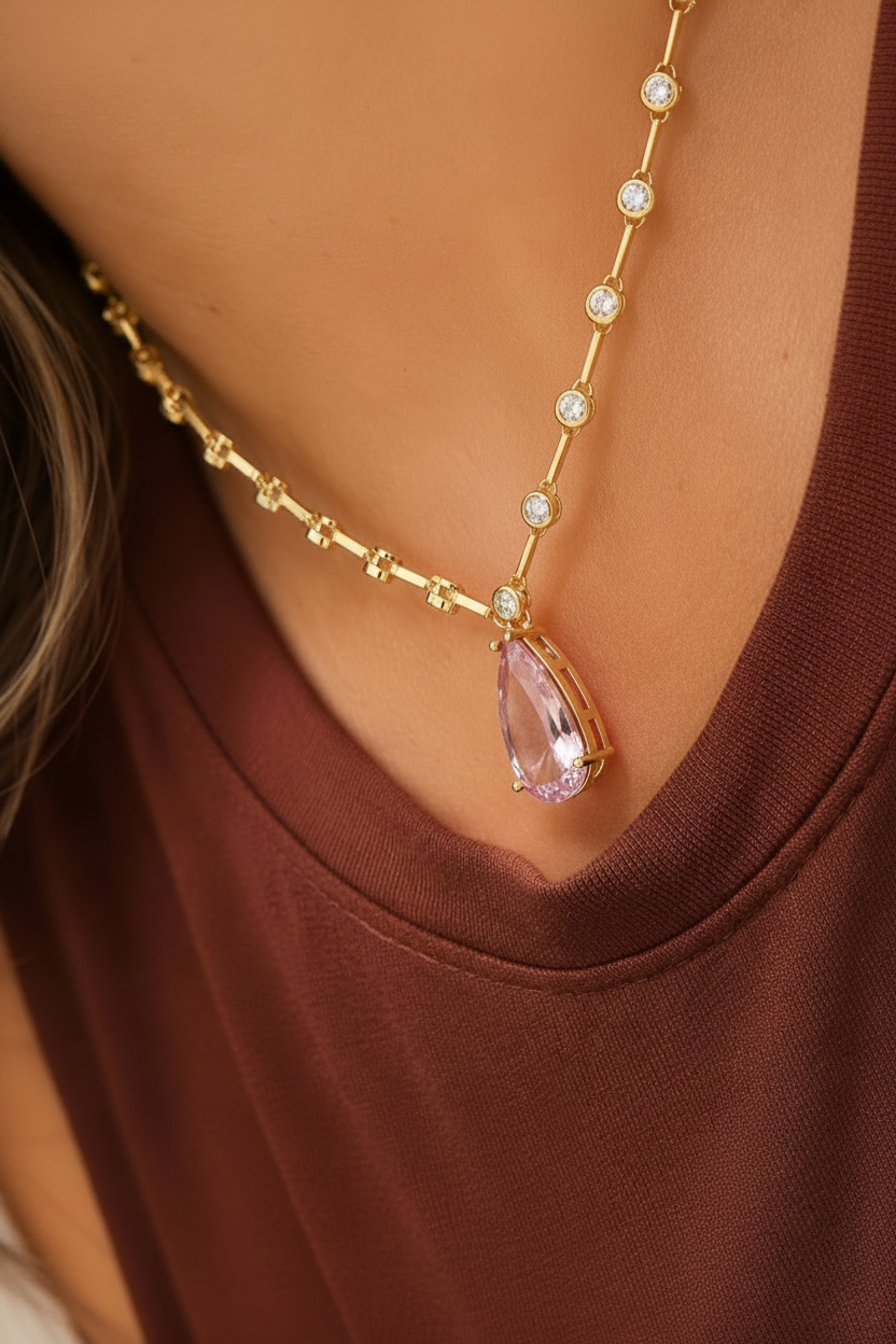 NECKLACE MODERN RIVIERA TEAR DROP LIGHT PINK CRYSTAL