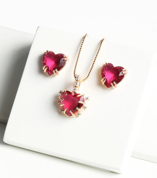 EARRINGS+NECKLACE SET FUCSIA HEART