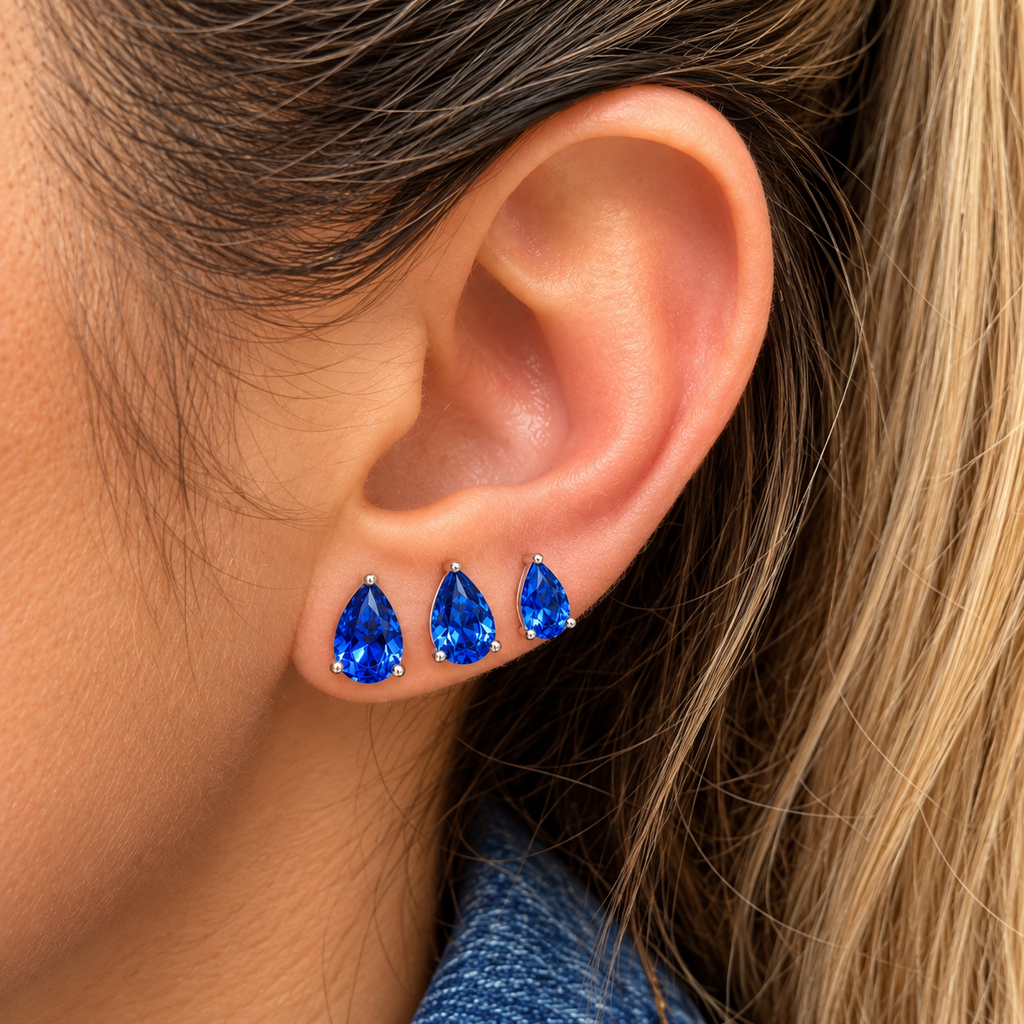 EARRING STUDS MINI TEAR DROP BLUE SAPPHIRE CUBIC ZIRCON