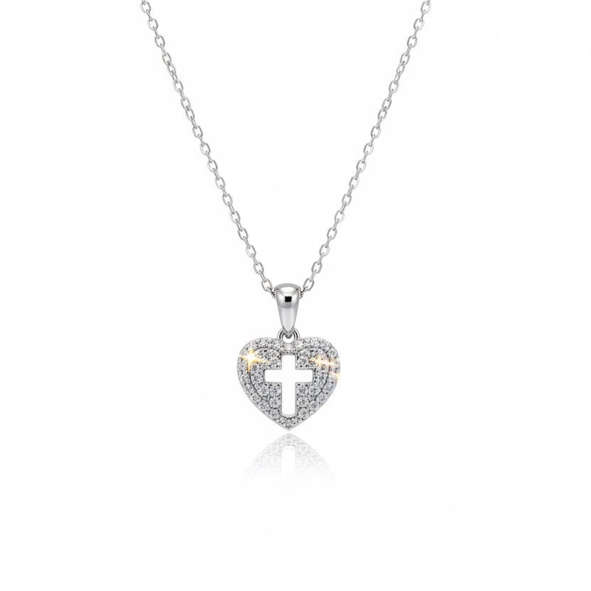 NECKLACE HEART CROSS STUDDED MOISSANITES