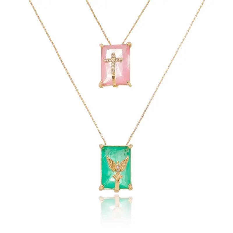 SCAPULAR NECKLACE HOLY SPIRIT/CROSS PINK AND GREEN FUSION CRYSTAL