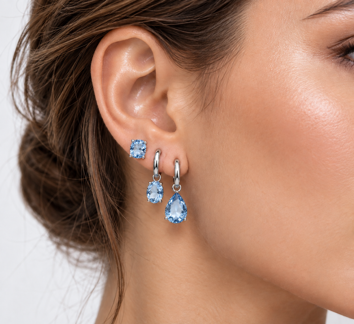 EARRING HOOPS TRIO LIGHT BLUE CUBIC ZIRCONIA