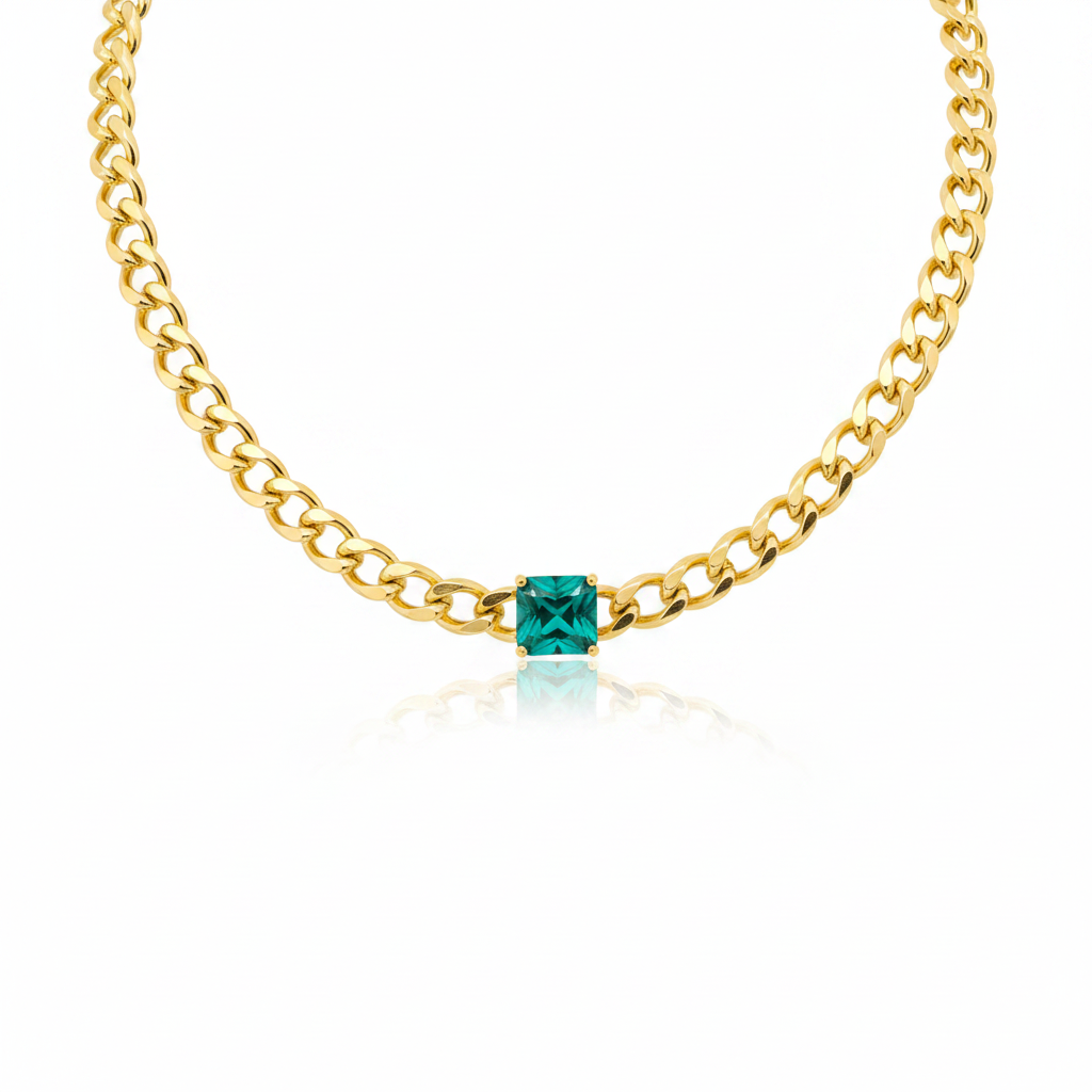 NECKLACE SQUARE GREEN FUSION CRYSTAL GRUMET CHAIN