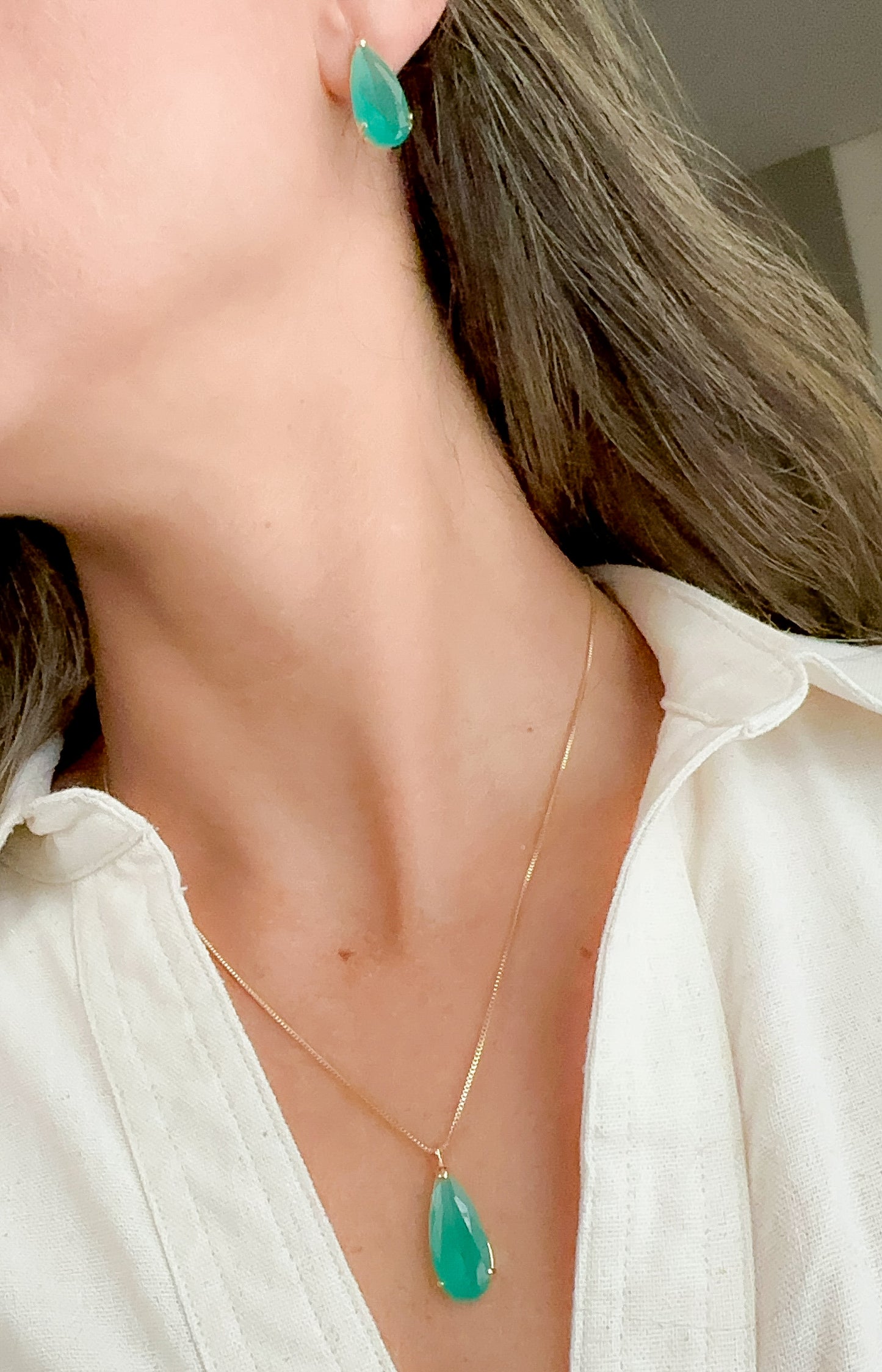 NECKLACE+EARRING SET 22x9 TEAR DROP GREEN TURMALINE CRYSTAL