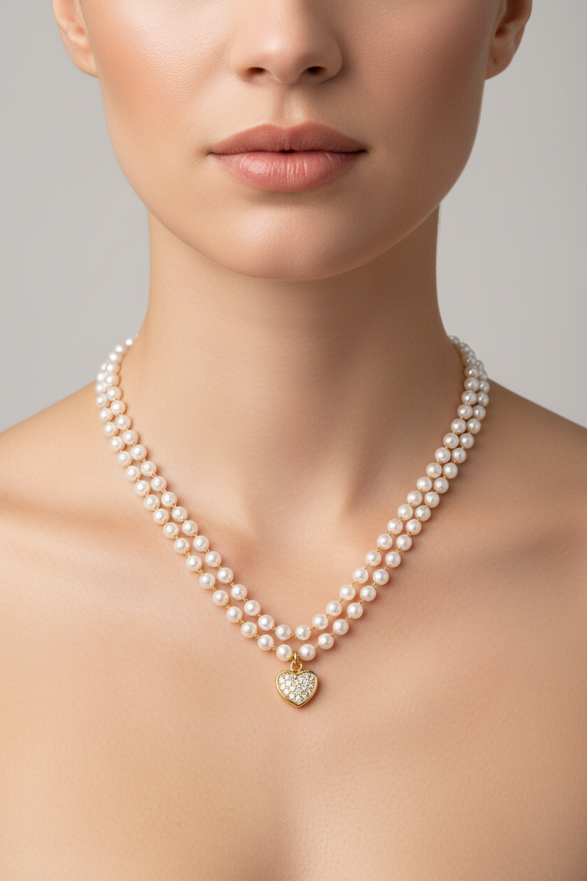 NECKLACE DOUBLE PEARLS WITH HEART PENDANT