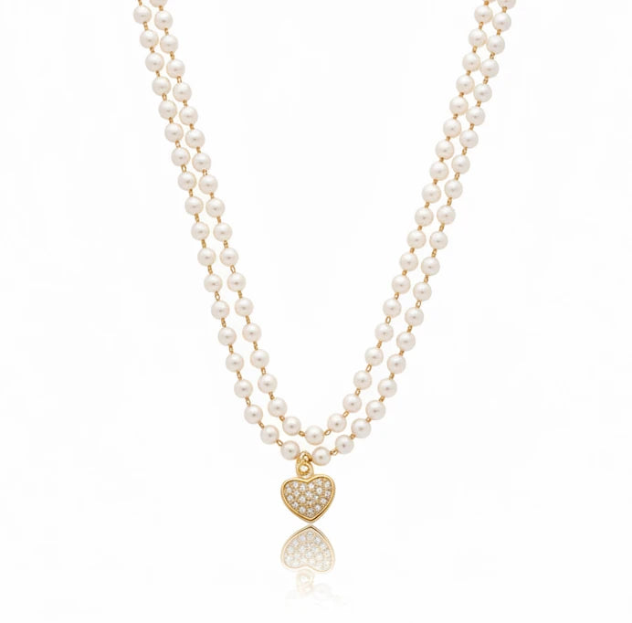 NECKLACE DOUBLE PEARLS WITH HEART PENDANT