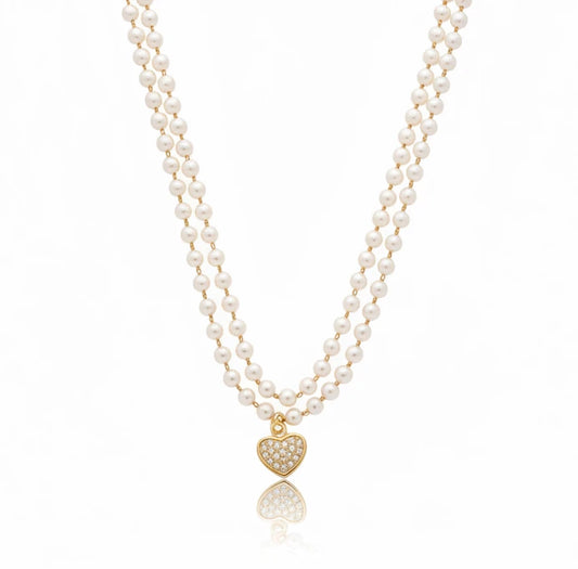 NECKLACE DOUBLE PEARLS WITH HEART PENDANT