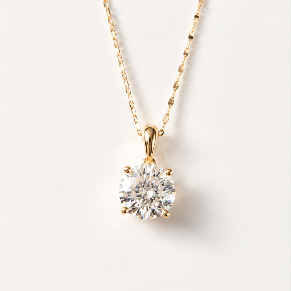 NECKLACE 14K SOLID GOLD ROUND MOISSANITE 2CT PENDANT