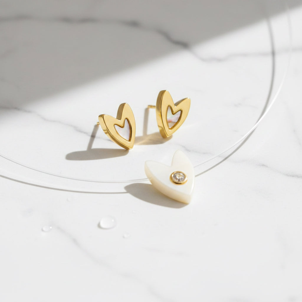 EARRINGS + NECKLACE SET NYLON STRING HEART MOTHER OF PEARL