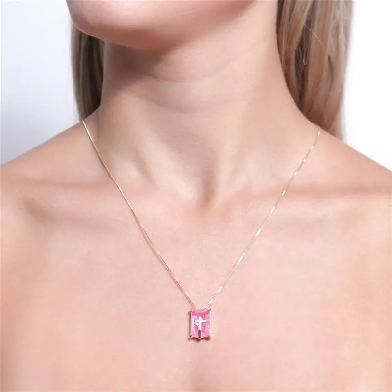 SCAPULAR NECKLACE HOLY SPIRIT/CROSS PINK AND GREEN FUSION CRYSTAL