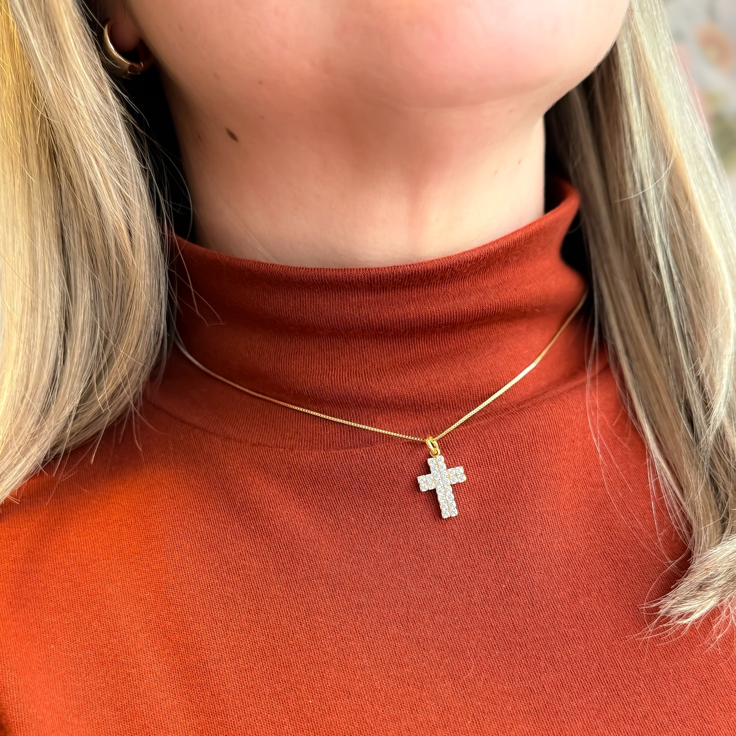 NECKLACE CROSS CUBIC ZIRCONIA DOUBLE LINES