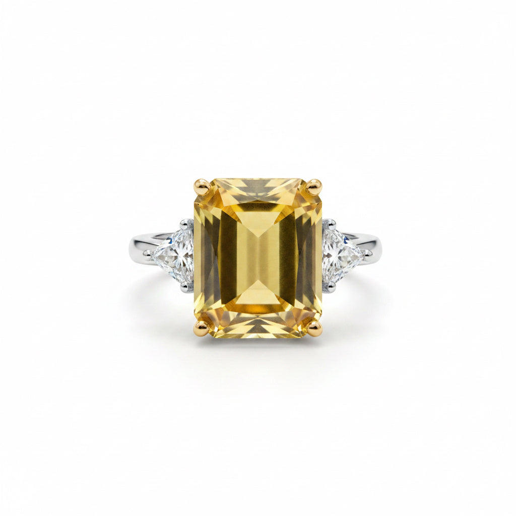 RING CITRINE YELLOW MAXI CRYSTAL WITH CUBIC ZIRCONIA TRIANGLES
