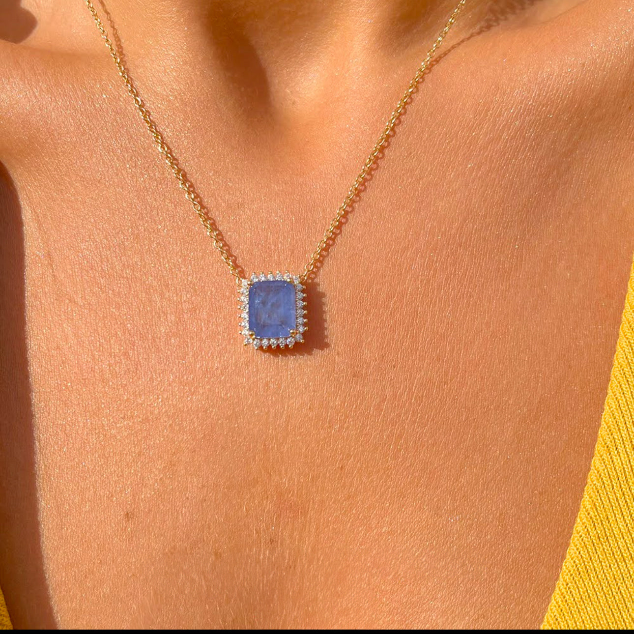 NECKLACE RECTANGLE PENDANT TANZANITE FUSION CRYSTAL