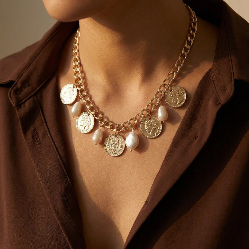 NECKLACE MEDALS AND PEARLS CHARMS