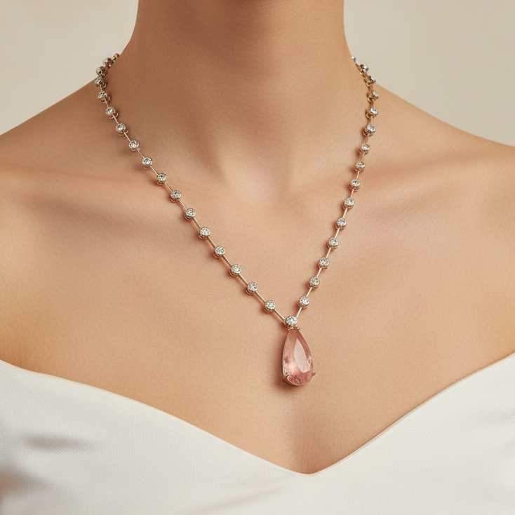 NECKLACE MODERN RIVIERA WITH TEARDROP PEACH PINK FUSION CRYSTAL