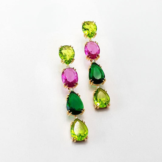 EARRING LONG 4 COLORS CRYSTALS GREEN/FUCSIA