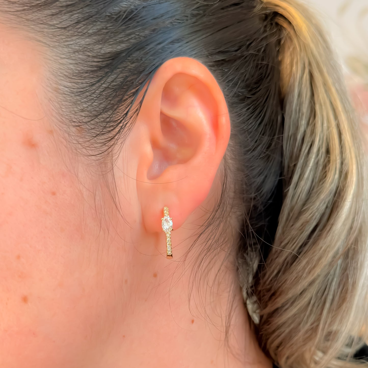 EARRING HOOPS WITH CRYSTAL STUDS AND OVAL CUBIC ZIRCON