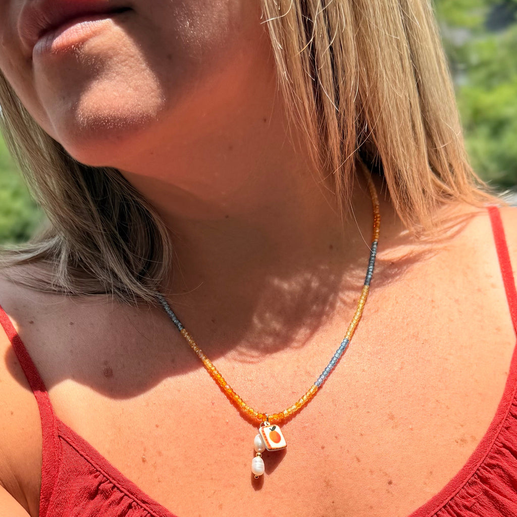 NECKLACE SUMMER FUN BLUE/YELLOW CRYSTAL ORANGE AND PEARLS PENDANTS