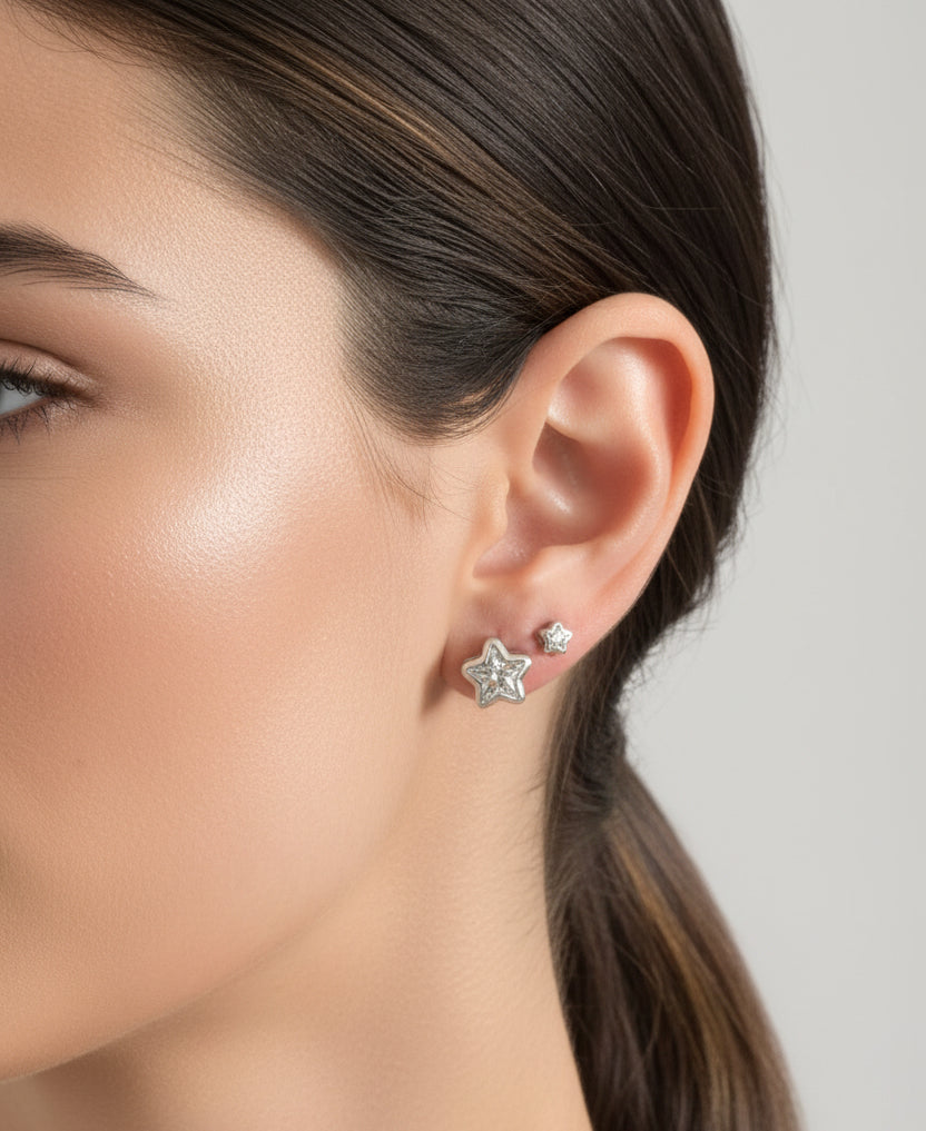 EARRINGS DUO STARS CUBIC ZIRCONIA