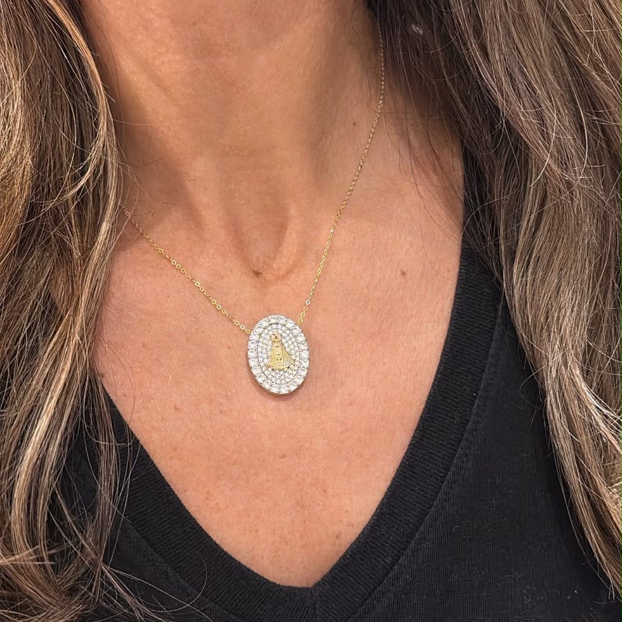 NECKLACE DUO PLATED MEDAL PAVE OUR LADY APARECIDA