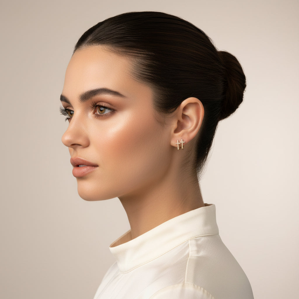 EARRING HOOPS CROSS STUDDED CUBIC ZIRCONIA