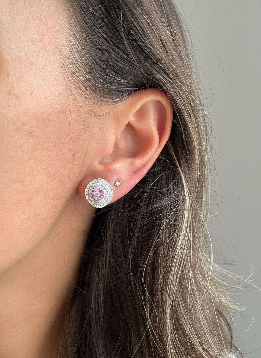 EARRINGS PINK CRYSTAL CENTER STUDDED CUBIC ZIRCONIA