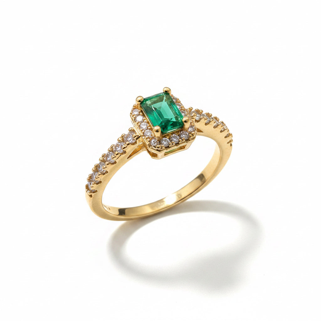RING STUDDED CUBIC ZIRCONIA AND EMERALD GREEN RECTANGLE CRYSTAL