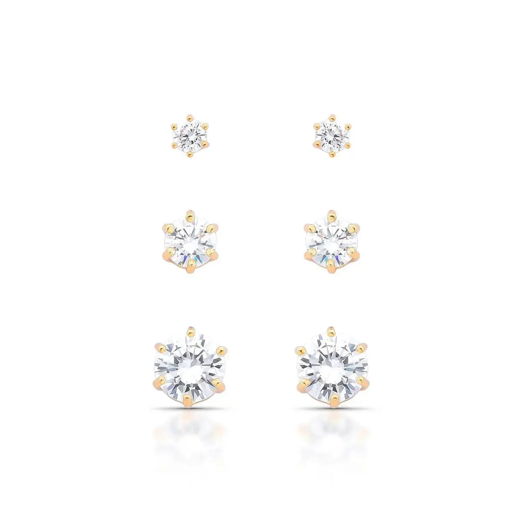 EARRING TRIO STUDS CUBIC ZIRCONIA 8mm 6mm 4mm