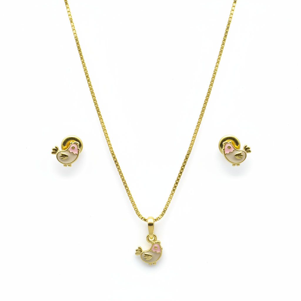 CONJUNTO BRINCO + COLAR INFANTIL PASSARINHO