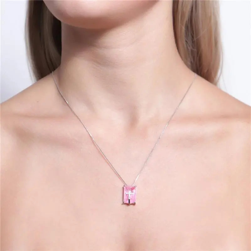 SCAPULAR NECKLACE HOLY SPIRIT/CROSS PINK AND GREEN FUSION CRYSTAL