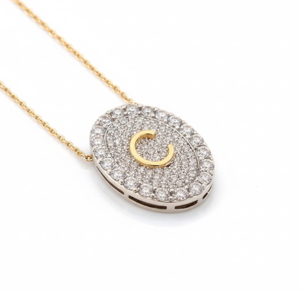 NECKLACE LUXE INITIAL STUDDED MEDAL CUBIC ZIRCONIA