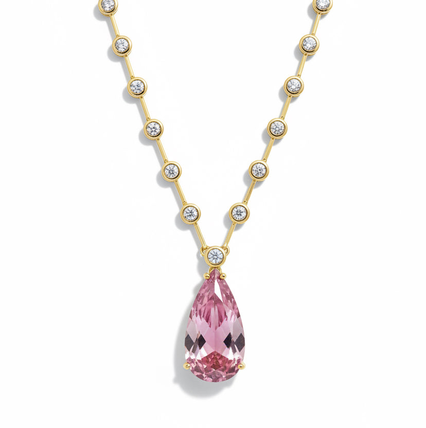 NECKLACE MODERN RIVIERA TEAR DROP LIGHT PINK CRYSTAL