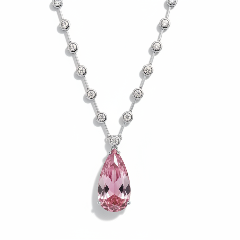 NECKLACE MODERN RIVIERA TEAR DROP LIGHT PINK CRYSTAL