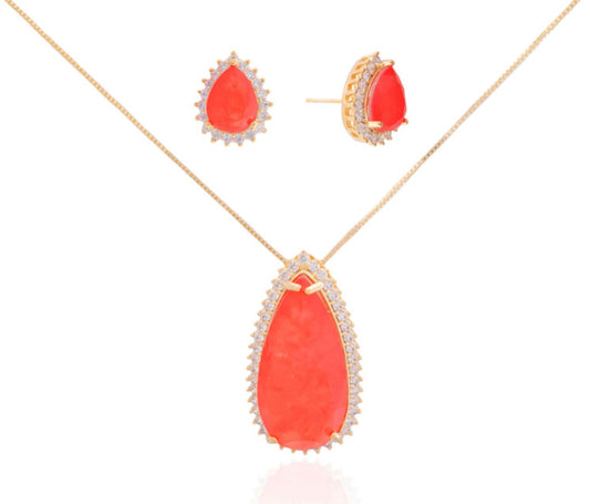 EARRING+NECKLACE SET TEARDROP CRYSTALS ORANGE FUSION