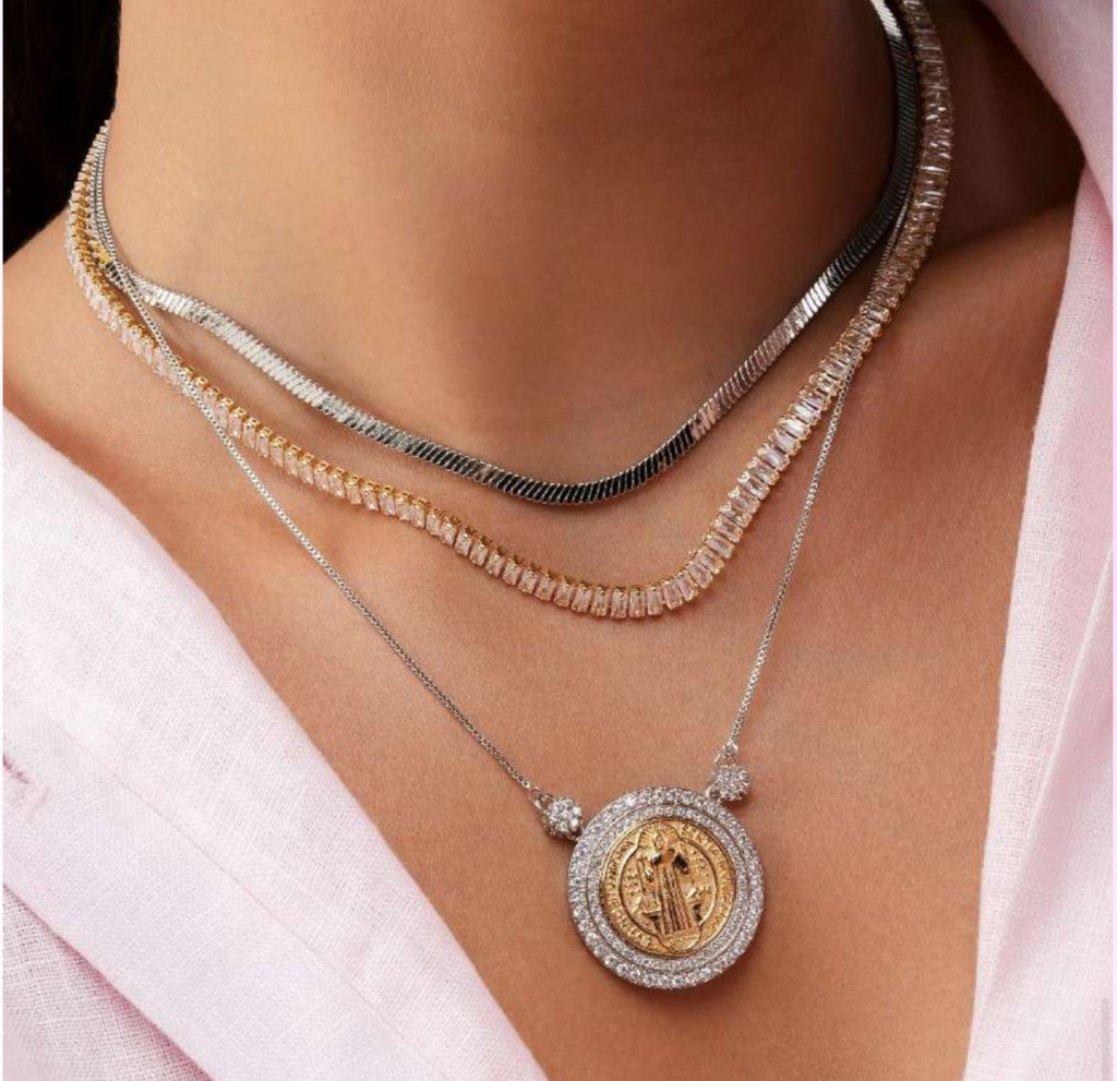 NECKLACE MEDAL RELIGIOUS DUO PLATED CRYSTALS