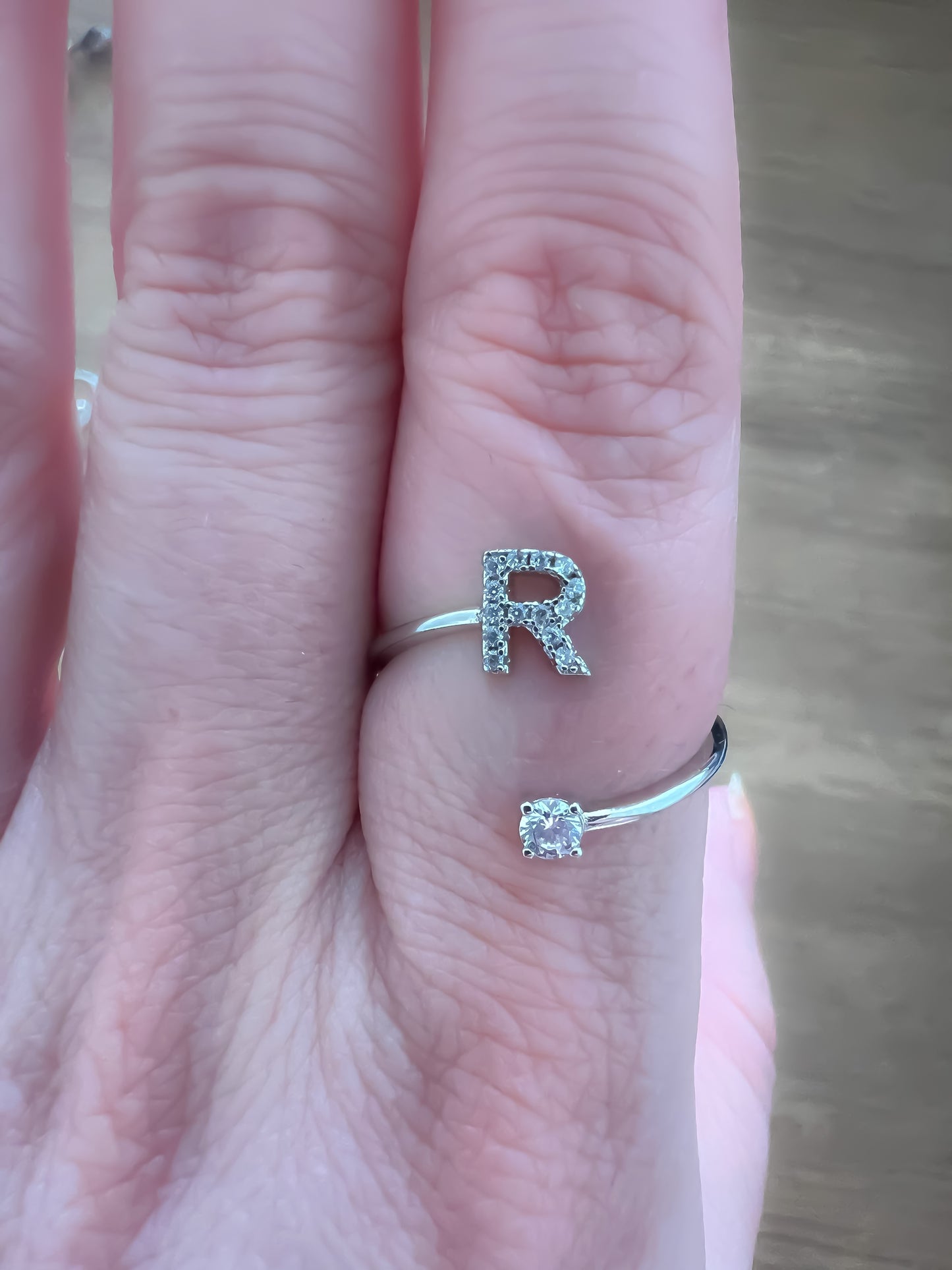 RING INITIAL SILVER 925 CRYSTALS ADJUSTABLE