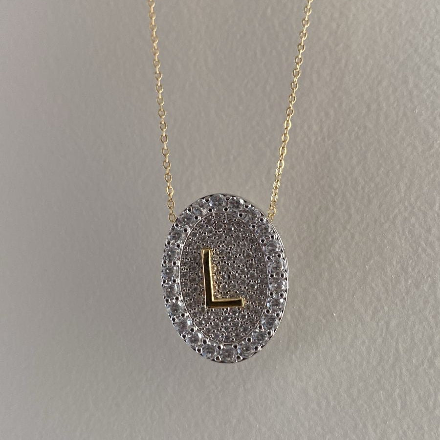 NECKLACE LUXE INITIAL STUDDED MEDAL CUBIC ZIRCONIA