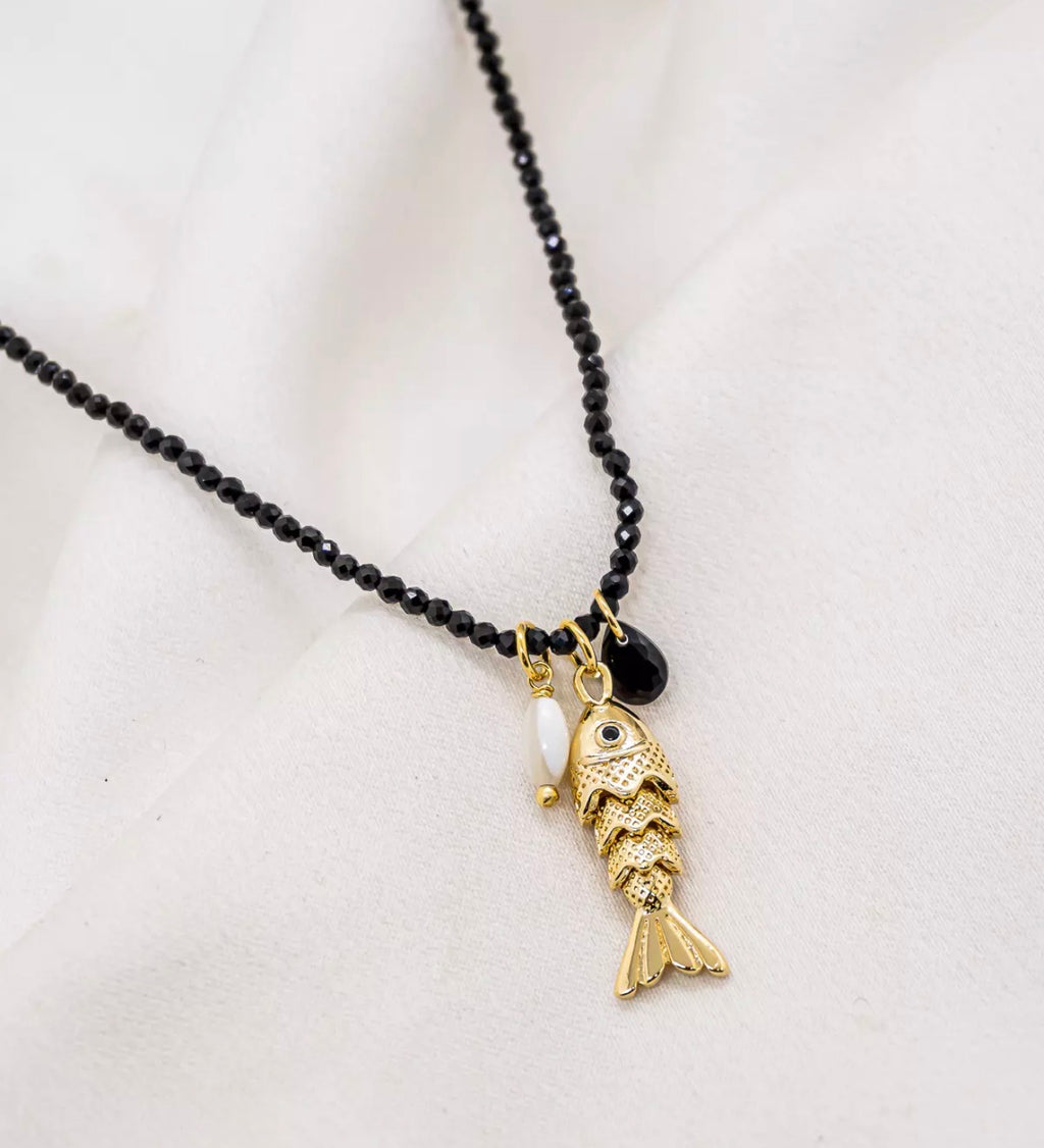 NECKLACE BLACK CRYSTALS SARDINE FISH