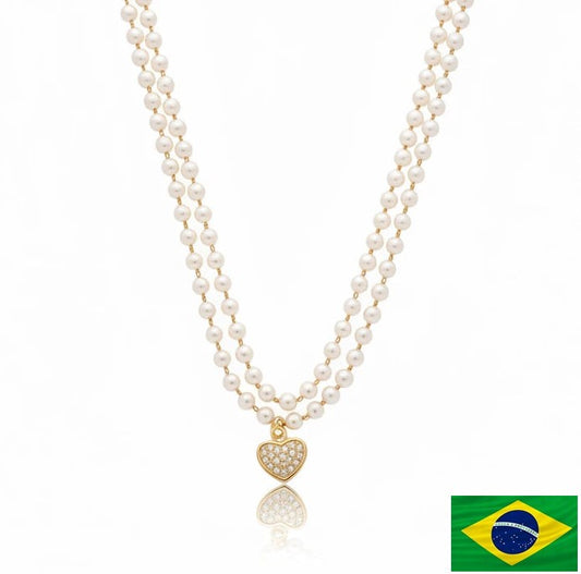 NECKLACE DOUBLE PEARLS WITH HEART PENDANT