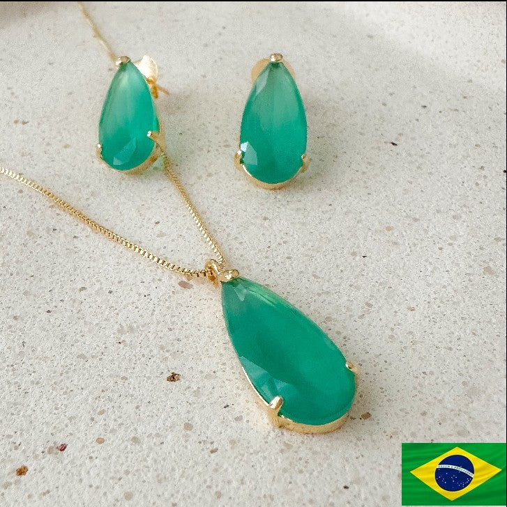NECKLACE+EARRING SET 22x9 TEAR DROP GREEN TURMALINE CRYSTAL