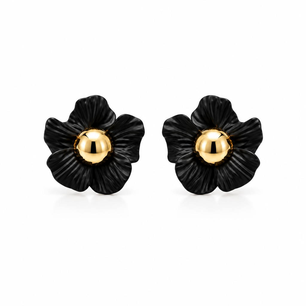 EARRINGS BLACK FLOWER WITH CENTER SPHERE