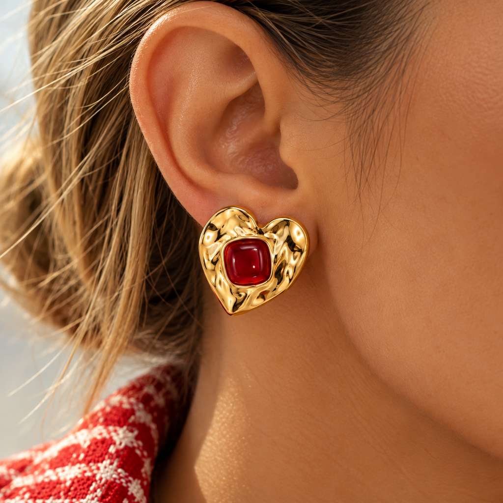 EARRING STUDS LARGE ORGANIC HEART WITH RED RESIN