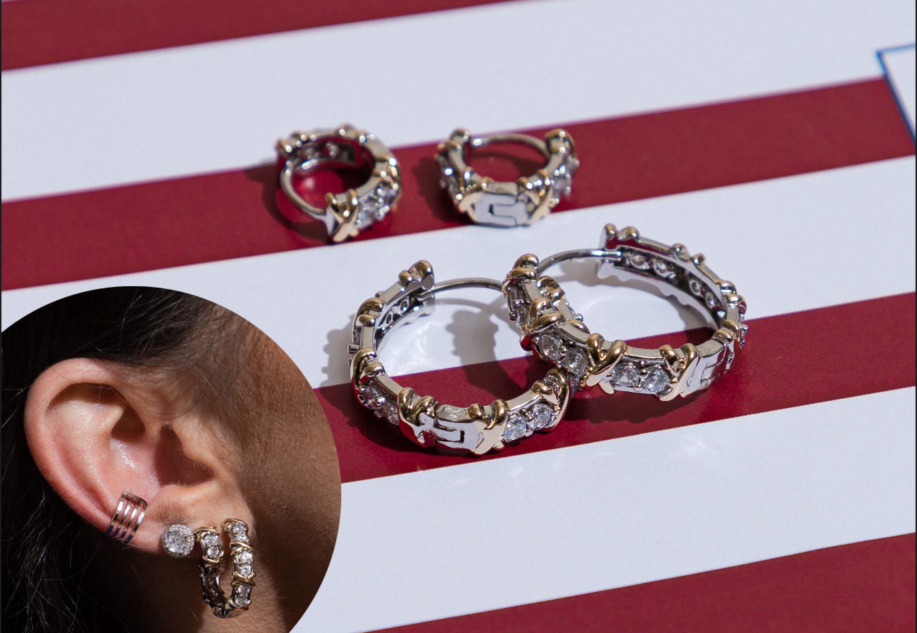 EARRING HOOPS HUGGIES X DUO PLATED WITH CUBIC ZIRCONIA