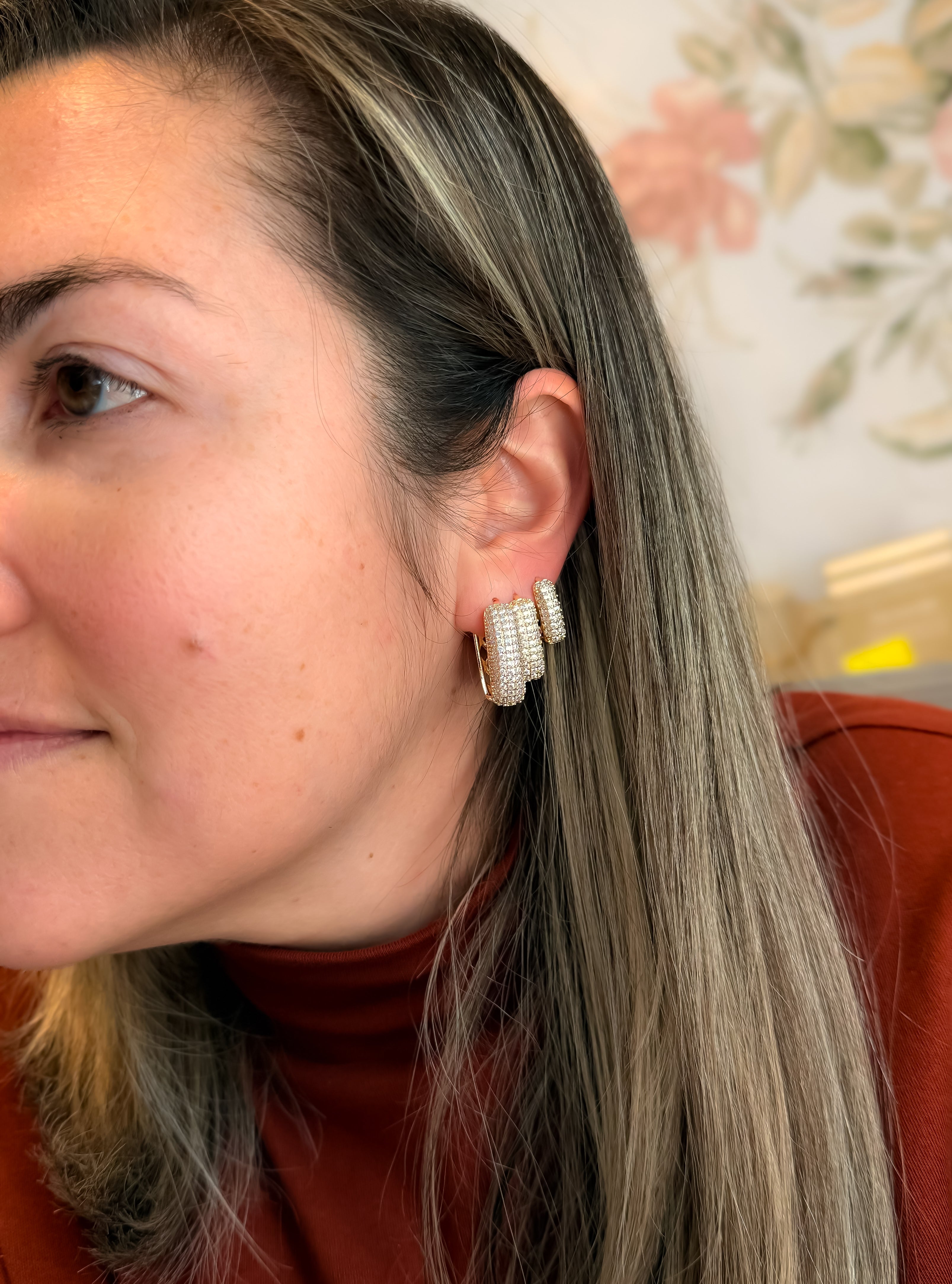 EARRING HOOPS TRIO SQUARE STUDDED CUBIC ZIRCONIA