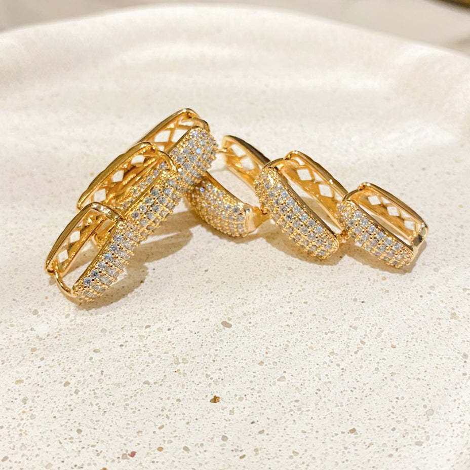 EARRING HOOPS TRIO SQUARE STUDDED CUBIC ZIRCONIA