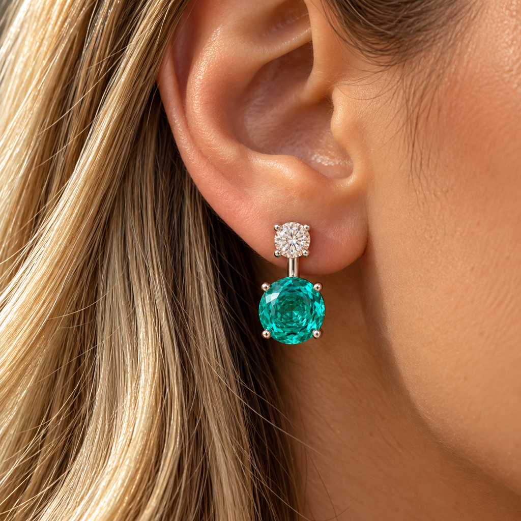 EARRINGS EAR JACKET ROSE CUT CUBIC ZIRCONIA GREEN TURMALINE