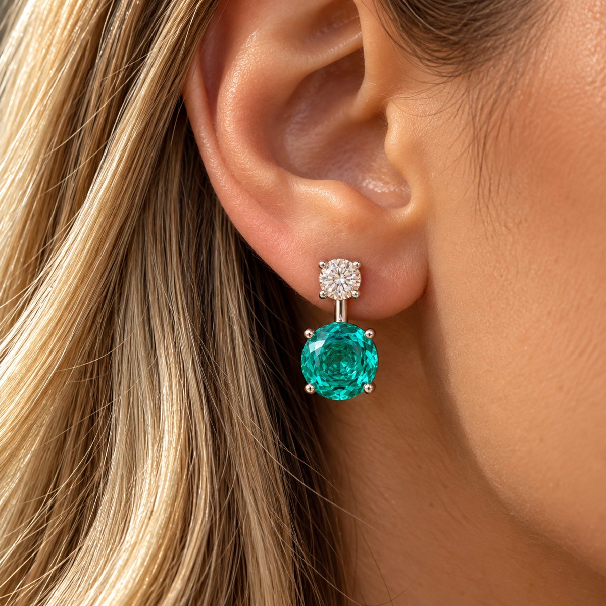 EARRINGS EAR JACKET ROSE CUT CUBIC ZIRCONIA GREEN TURMALINE